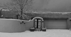 Santa Fe Adobe, at night with snow